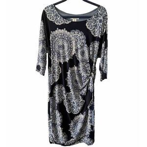 Robbie Bee Dress Blue Floral Geometric White Textured Faux Wrap Sz XL 3/4 Sleeve